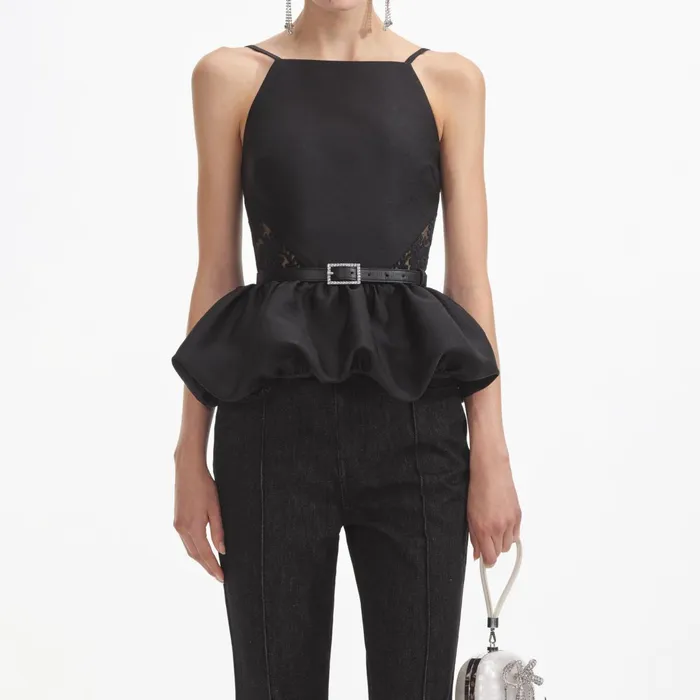 Self Portrait Tops Women Black Taffeta Peplum Top