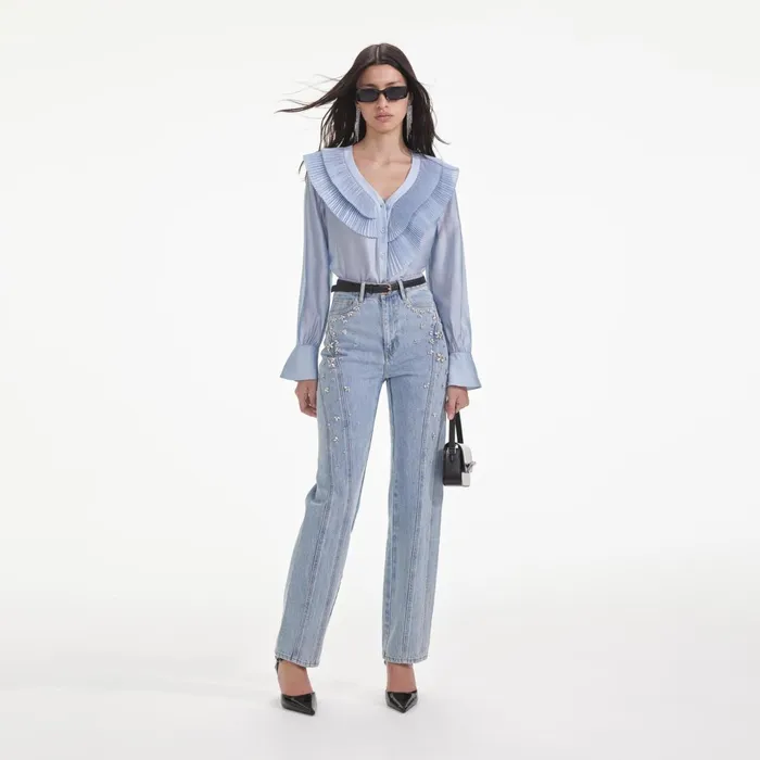 Self Portrait Tops Women Blue Satin Organza Blouse
