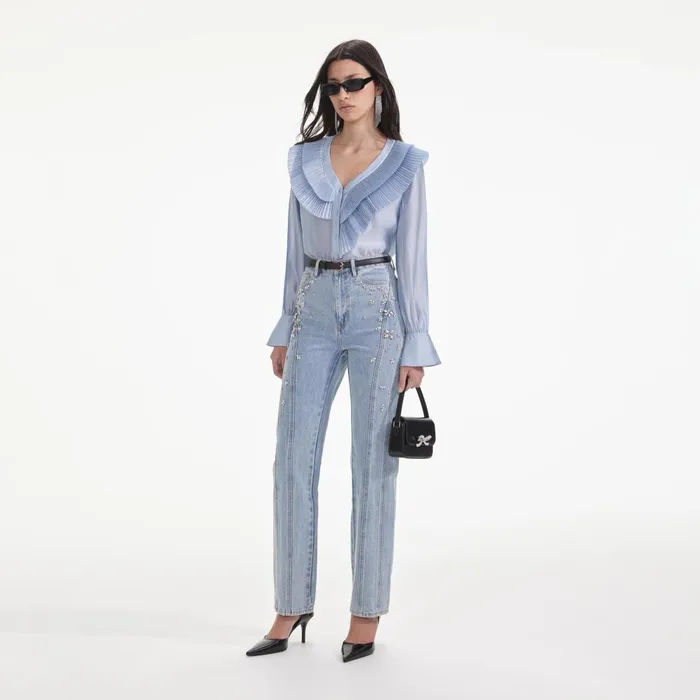 Self Portrait Tops Women Blue Satin Organza Blouse