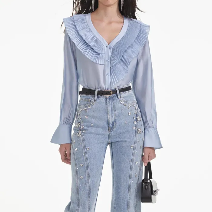 Self Portrait Tops Women Blue Satin Organza Blouse