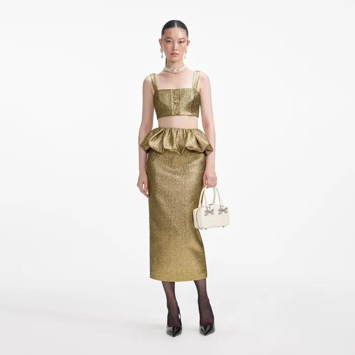 Self Portrait Tops Women Gold Metallic Jacquard Crop Top