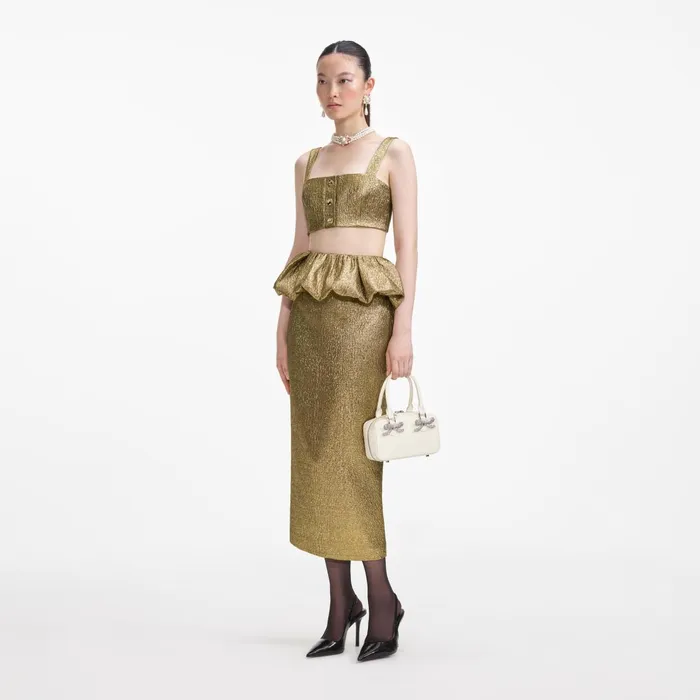 Self Portrait Tops Women Gold Metallic Jacquard Crop Top