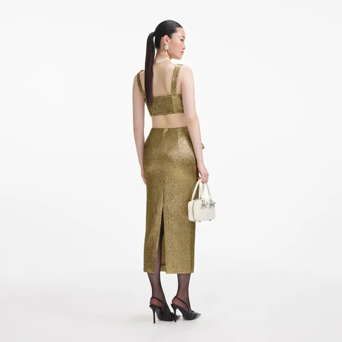Self Portrait Tops Women Gold Metallic Jacquard Crop Top