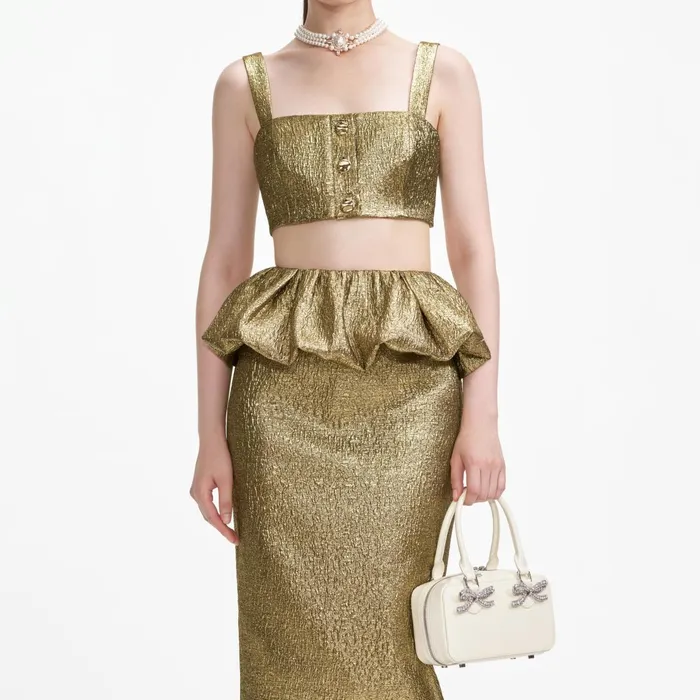 Self Portrait Tops Women Gold Metallic Jacquard Crop Top