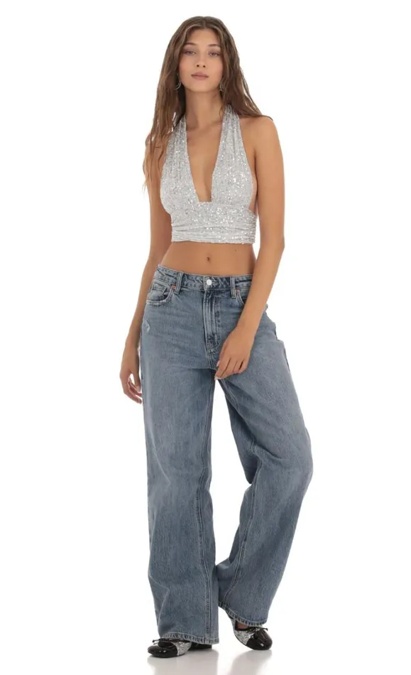 Sequin Halter Top Silver Women LUCY IN THE SKY Tops Sequin Halter Top Silver Women LUCY IN THE SKY Tops