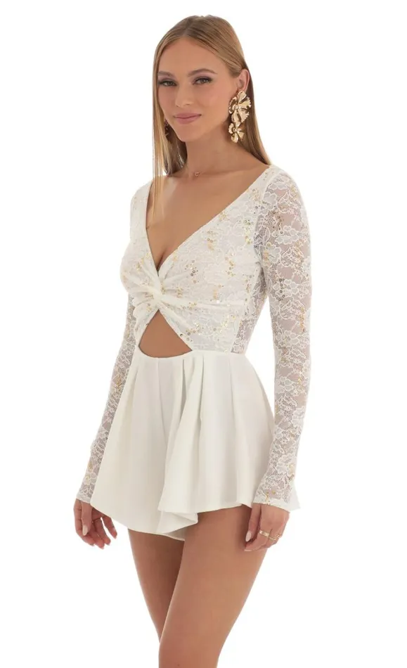Sequin Lace Romper White Women LUCY IN THE SKY Rompers Sequin Lace Romper White Women LUCY IN THE SKY Rompers