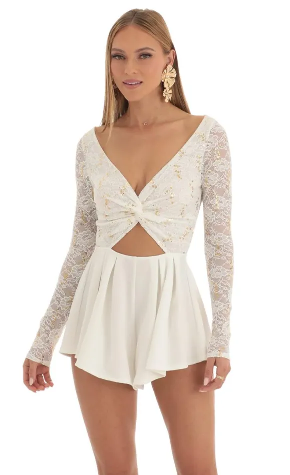 Sequin Lace Romper White Women LUCY IN THE SKY Rompers Sequin Lace Romper White Women LUCY IN THE SKY Rompers