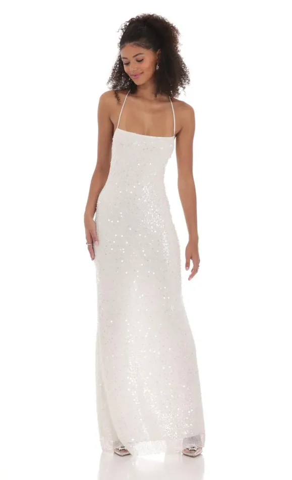 Sequin Mesh Maxi Dress White Women LUCY IN THE SKY Maxi Dresses