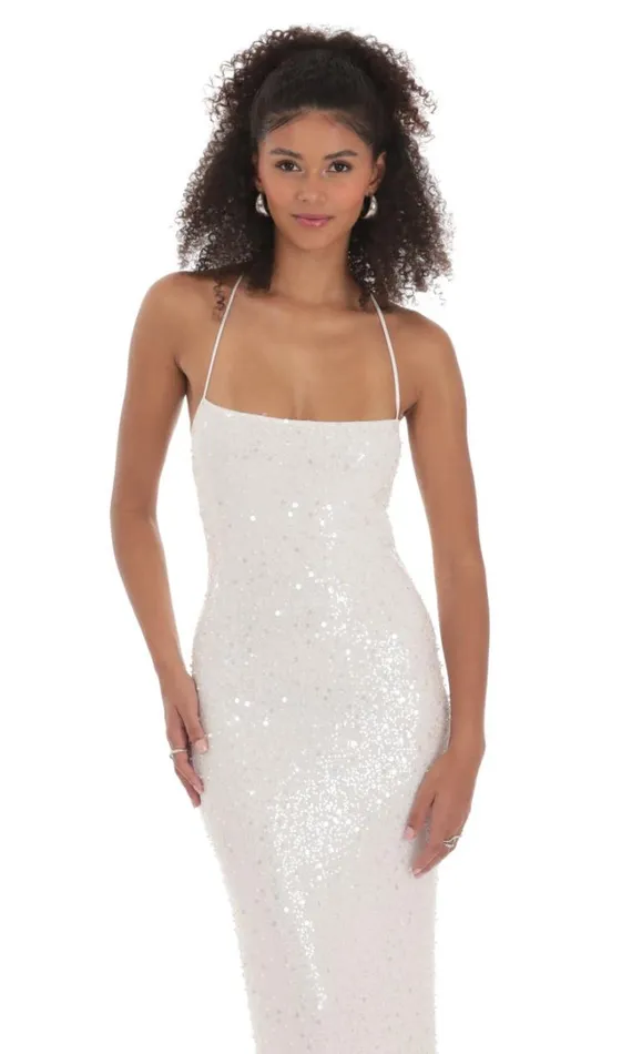Sequin Mesh Maxi Dress White Women LUCY IN THE SKY Maxi Dresses Sequin Mesh Maxi Dress White Women LUCY IN THE SKY Maxi Dresses