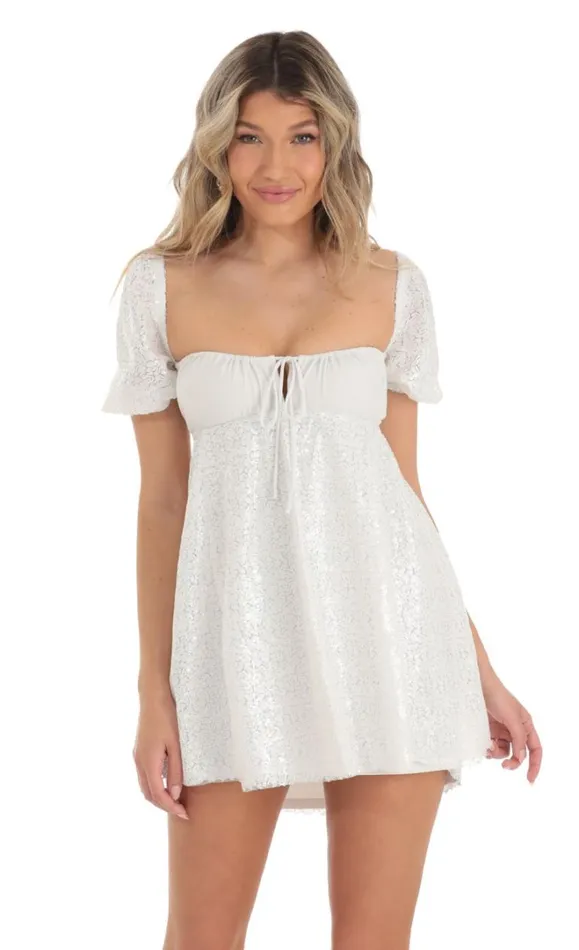 Sequin Puff Sleeve Baby Doll Dress White Women LUCY IN THE SKY Mini Dresses