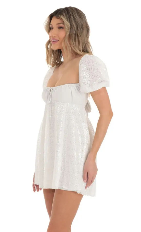 Sequin Puff Sleeve Baby Doll Dress White Women LUCY IN THE SKY Mini Dresses Sequin Puff Sleeve Baby Doll Dress White Women LUCY IN THE SKY Mini Dresses