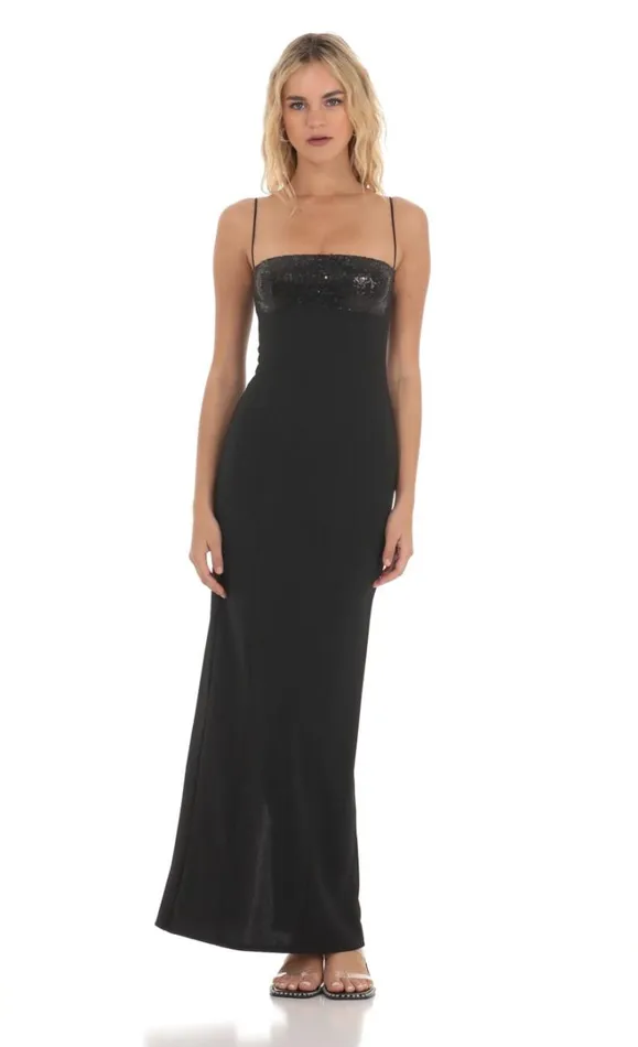 Sequin Square Neck Maxi Dress Black Women LUCY IN THE SKY Maxi Dresses