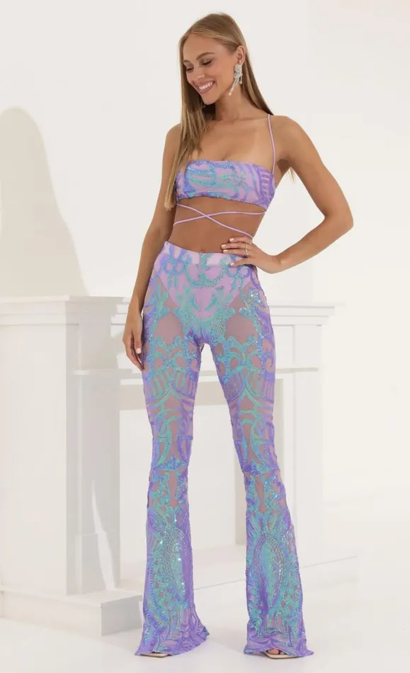 Sequin Two Piece Set Purple Iridescent Women LUCY IN THE SKY Pants