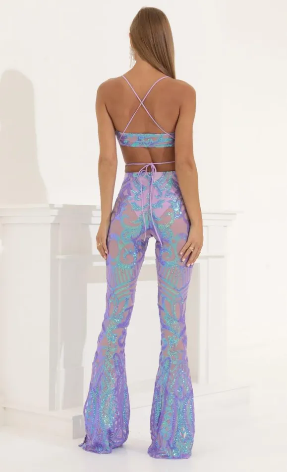 Sequin Two Piece Set Purple Iridescent Women LUCY IN THE SKY Pants Sequin Two Piece Set Purple Iridescent Women LUCY IN THE SKY Pants