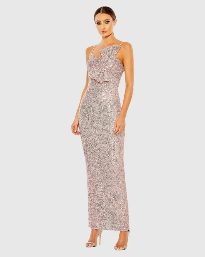 Sequined Strapless Faux Bow Column Gown Rose Pink Women Evening Gowns Mac Duggal