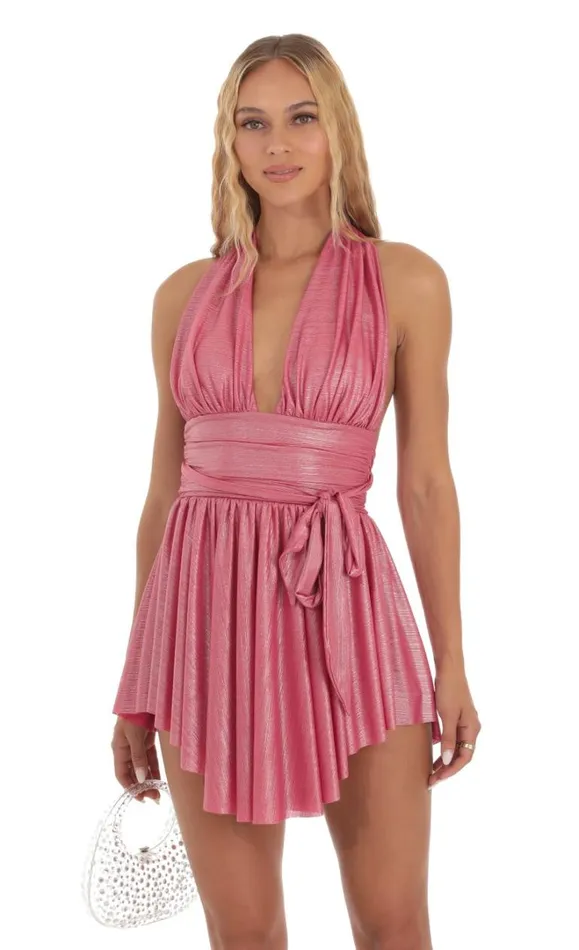 Shimmer Ruched Halter Dress Pink Women LUCY IN THE SKY Mini Dresses