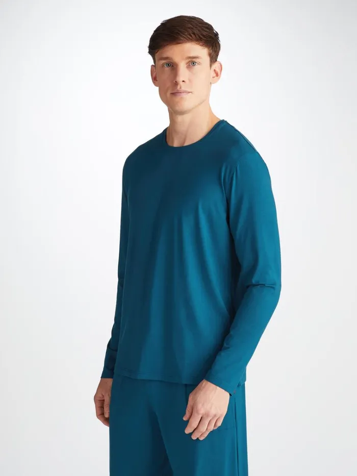Short Sleeve TShirts Men Derek Rose Long Sleeve TShirt Basel Micro Modal Stretch Poseidon Blue