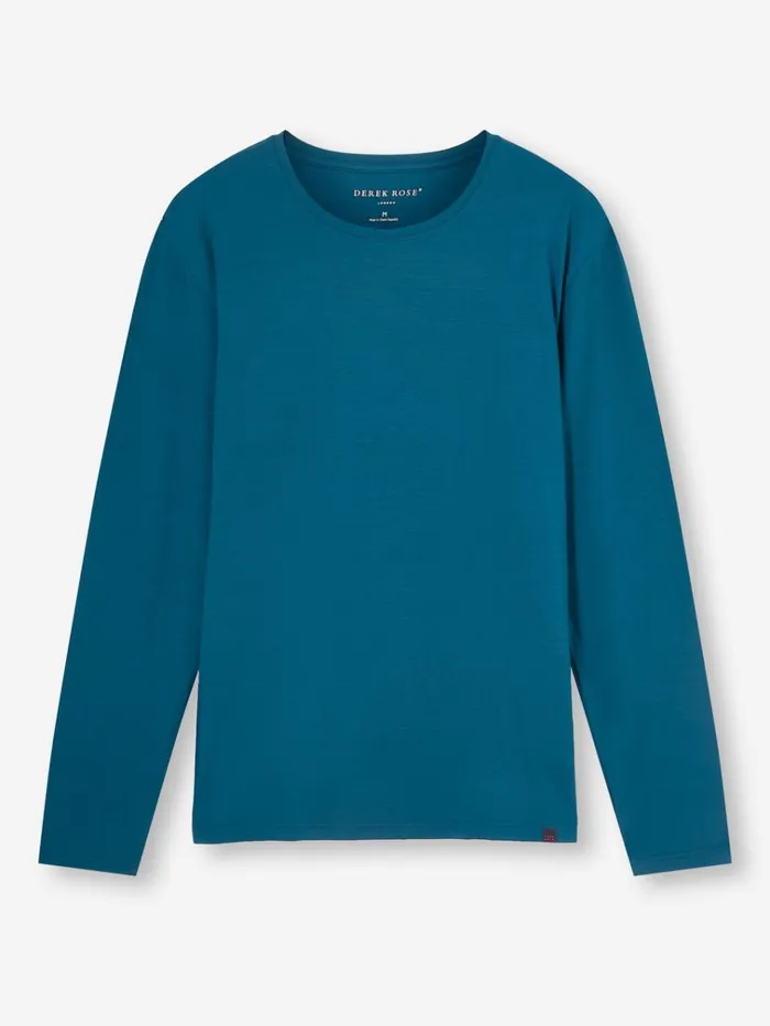 Short Sleeve TShirts Men Derek Rose Long Sleeve TShirt Basel Micro Modal Stretch Poseidon Blue