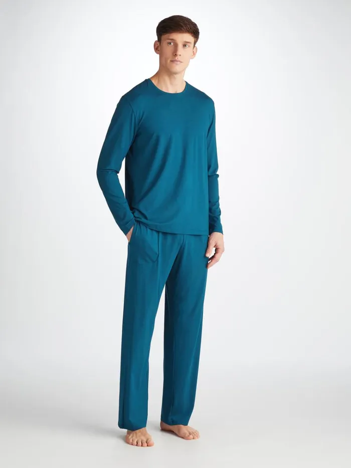 Short Sleeve TShirts Men Derek Rose Long Sleeve TShirt Basel Micro Modal Stretch Poseidon Blue