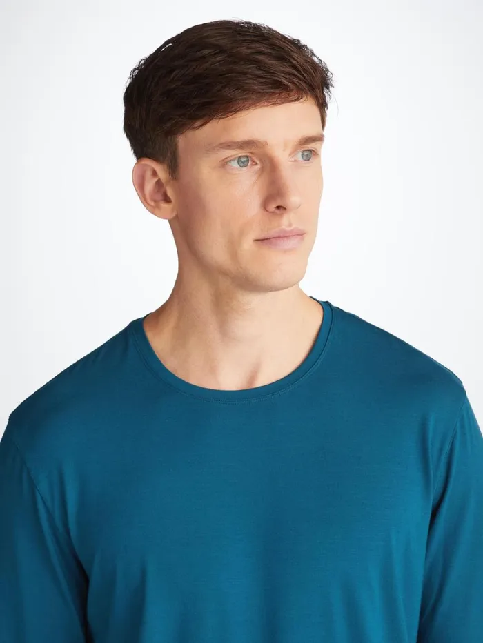 Short Sleeve TShirts Men Derek Rose Long Sleeve TShirt Basel Micro Modal Stretch Poseidon Blue