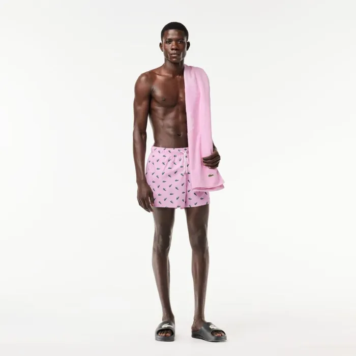 Shorts and Swim Men Lacoste Men039s Crocodile Print Swim Trunks Pink White Iu9