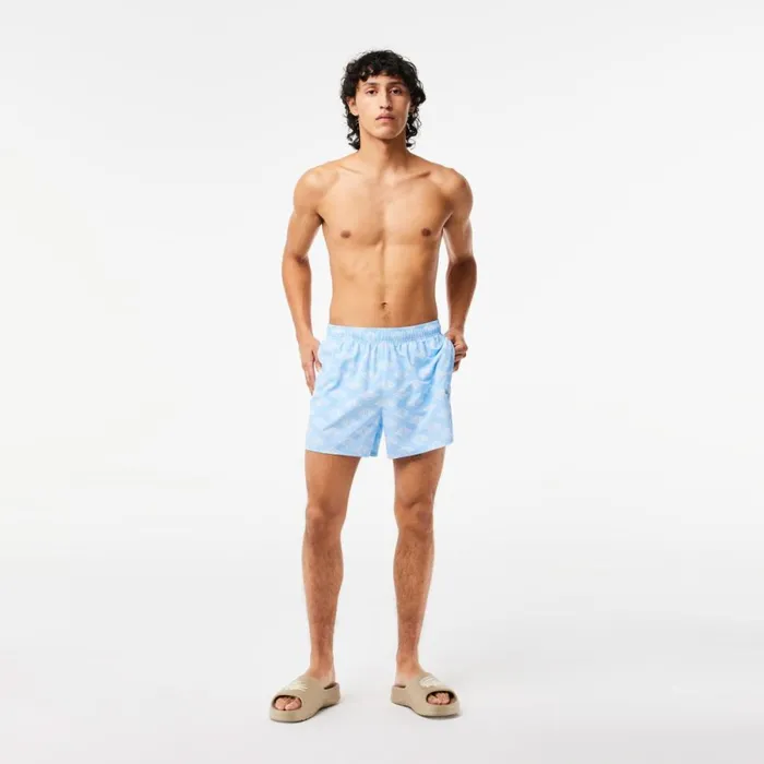 Shorts and Swim Men Lacoste Mens TwoTone Monogram Swim Trunks Blue White Fv2