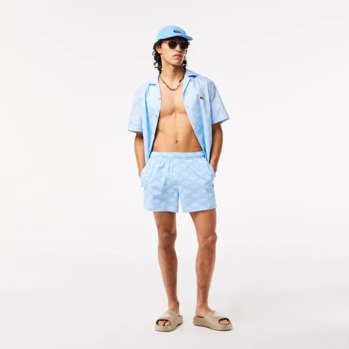 Shorts and Swim Men Lacoste Mens TwoTone Monogram Swim Trunks Blue White Fv2