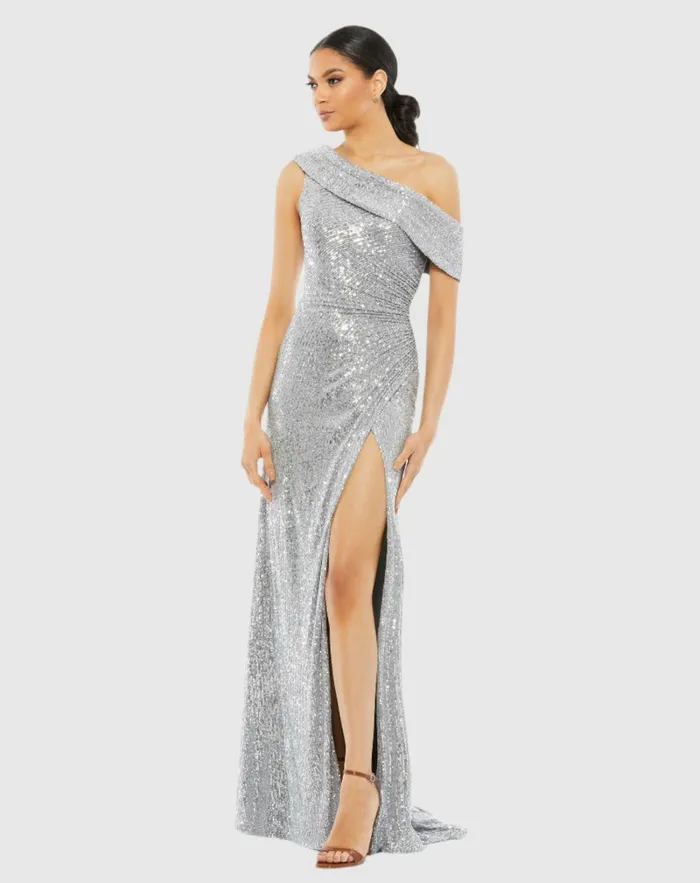 Silver Sequined Drop Shoulder Gown Platinum Best Sellers Mac Duggal Women