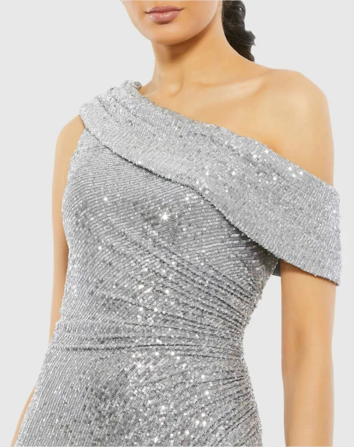 Silver Sequined Drop Shoulder Gown Platinum Best Sellers Mac Duggal Women
