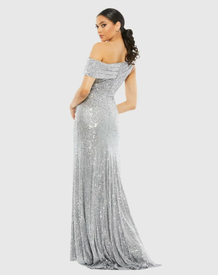 Silver Sequined Drop Shoulder Gown Platinum Best Sellers Mac Duggal Women
