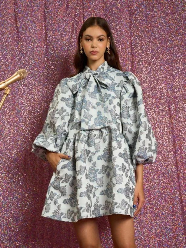 Sister Jane Dresses Womenswear Lola Jacquard Bow Dress Pale Blue