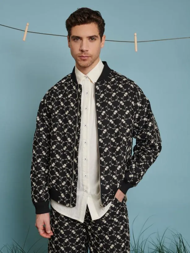 Sister Jane Jackets Menswear Milo Floral Denim Bomber Jacket Black Floral Embroidered