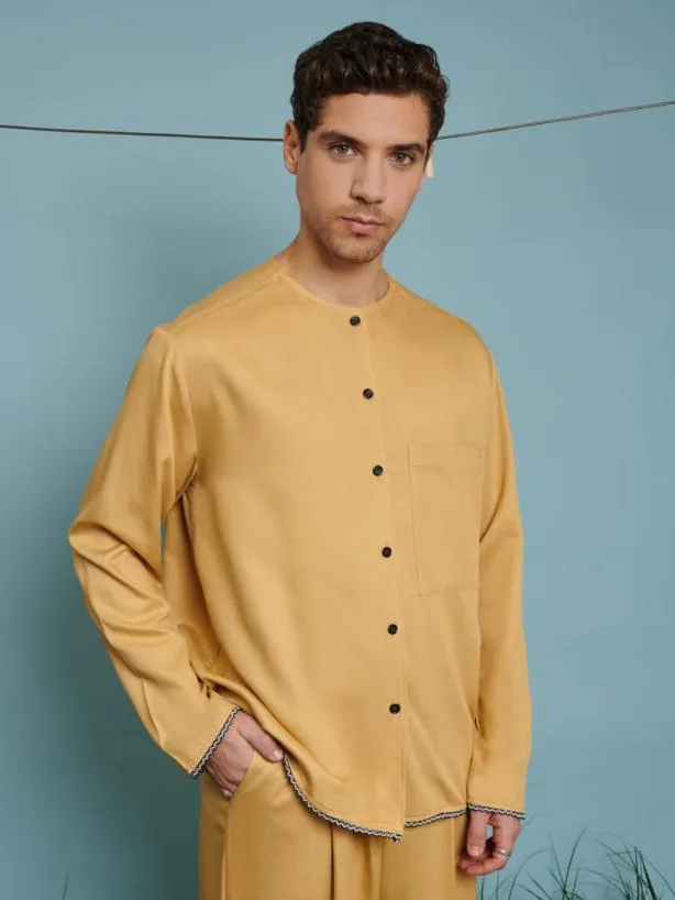 Sister Jane Shirts Menswear Marco Trim Detail Collarless Shirt Mustard Yellow