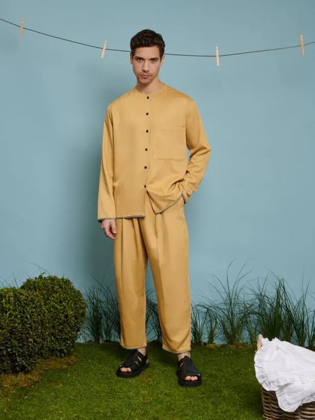 Sister Jane Shirts Menswear Marco Trim Detail Collarless Shirt Mustard Yellow