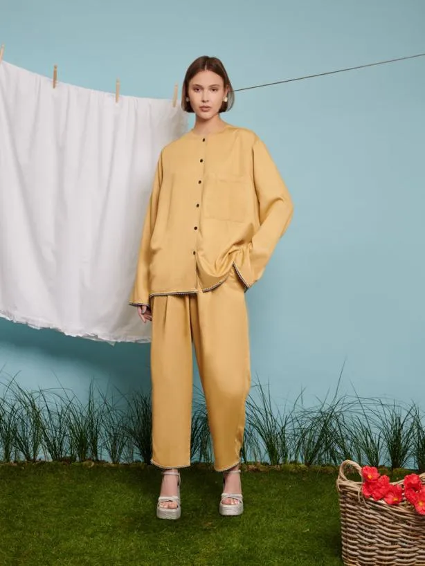 Sister Jane Shirts Menswear Marco Trim Detail Collarless Shirt Mustard Yellow