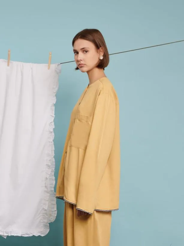Sister Jane Shirts Menswear Marco Trim Detail Collarless Shirt Mustard Yellow
