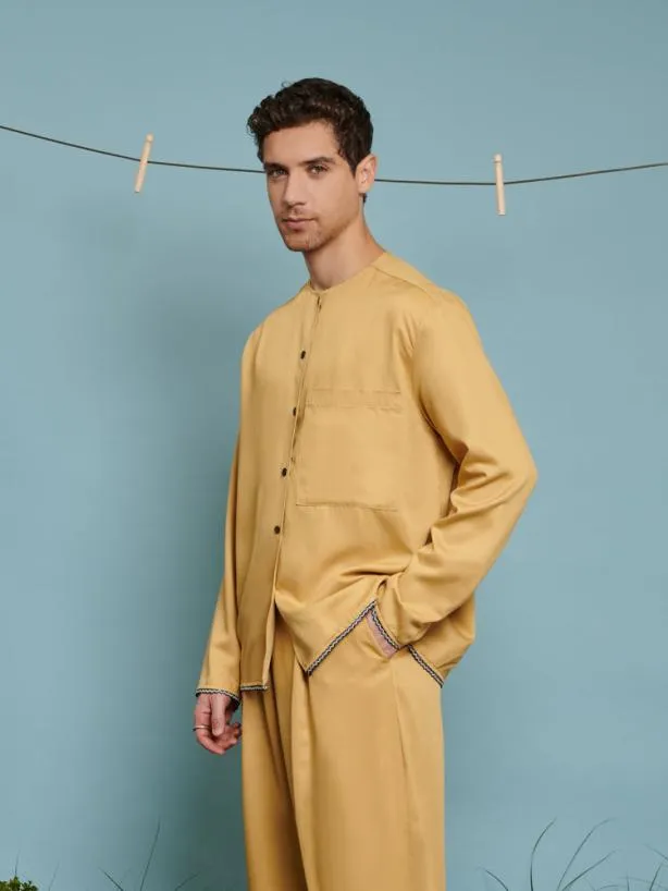 Sister Jane Shirts Menswear Marco Trim Detail Collarless Shirt Mustard Yellow