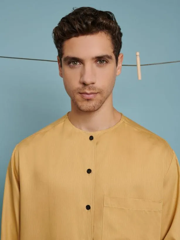 Sister Jane Shirts Menswear Marco Trim Detail Collarless Shirt Mustard Yellow