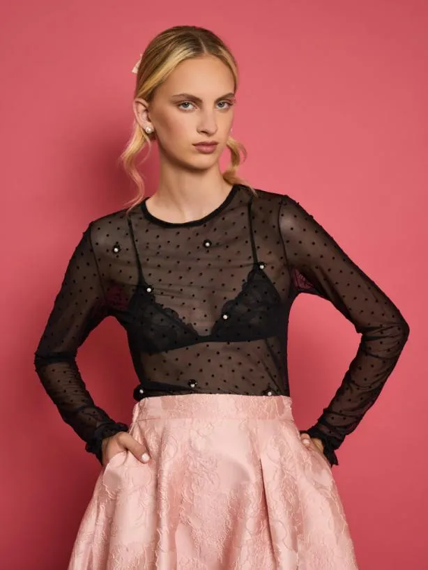 Sister Jane Tops Womenswear DREAM Spotted Dove Mesh Top Ink Black