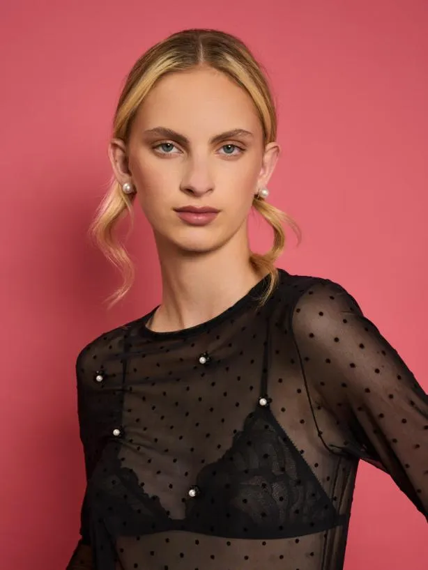 Sister Jane Tops Womenswear DREAM Spotted Dove Mesh Top Ink Black