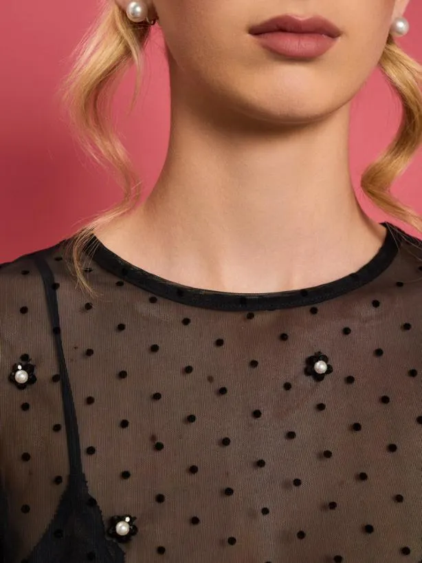 Sister Jane Tops Womenswear DREAM Spotted Dove Mesh Top Ink Black