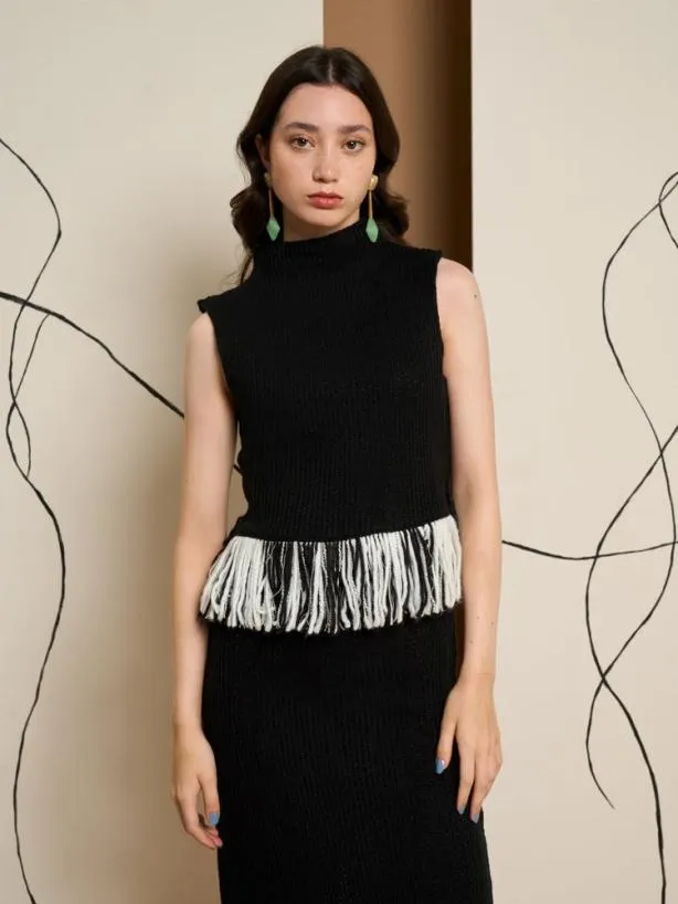 Sister Jane Tops Womenswear Ghospell Kendra Fringe Hem Top Coal Black