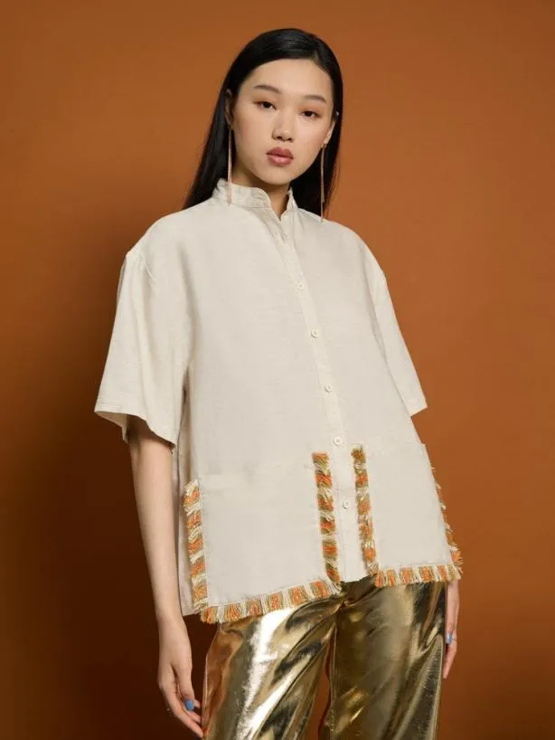 Sister Jane Tops Womenswear Ghospell Liana Fray Pocket Shirt Almond Cream