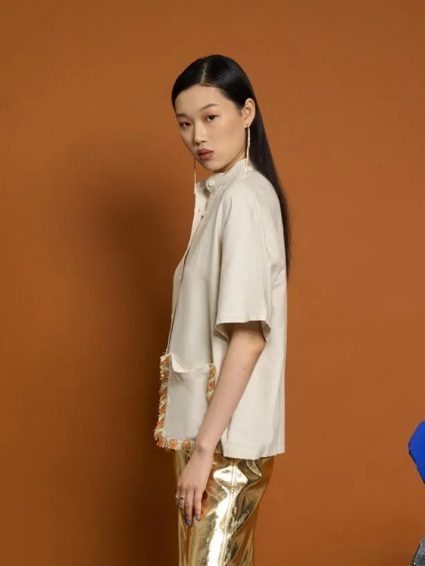 Sister Jane Tops Womenswear Ghospell Liana Fray Pocket Shirt Almond Cream