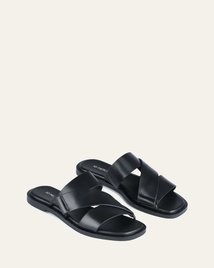 SLIDES Shelby flat slides black leather jomercer Women SLIDES Shelby flat slides black leather jomercer Women