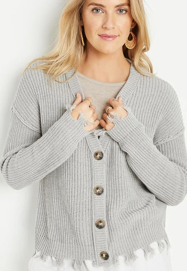 Solid Destructed Hem Button Down Cardigan Women Maurices Tops