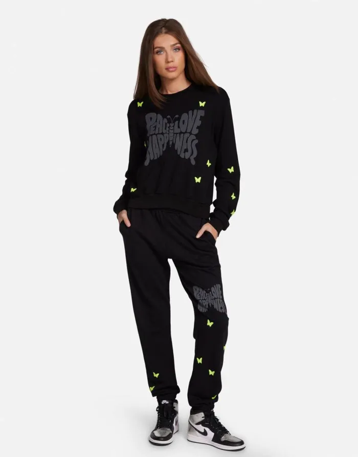 Spalding Neon Peace Love Butterflies Black Women Lauren Moshi Long Sleeve