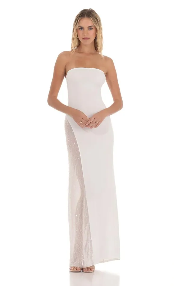 Strapless Mesh Sequin Slit White Women LUCY IN THE SKY Maxi Dresses