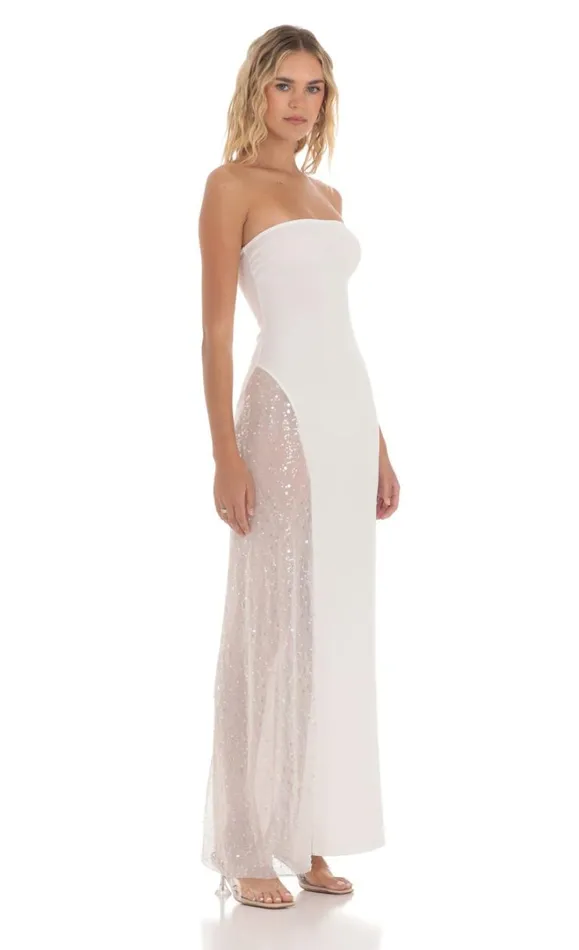 Strapless Mesh Sequin Slit White Women LUCY IN THE SKY Maxi Dresses Strapless Mesh Sequin Slit White Women LUCY IN THE SKY Maxi Dresses