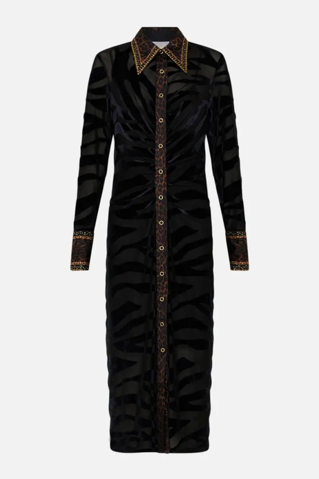 STRETCH VELVET ANIMAL SHIRT DRESS AMSTERGLAM Amsterglam Womens Camilla Dresses